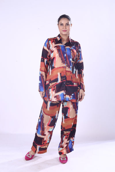 Stylish Women’s Digital Print Co-Ord Set Vibrant 100% Polyester Modal Shirt & Pants