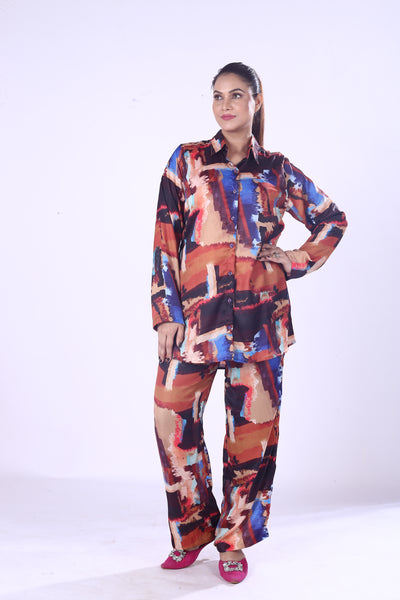 Stylish Women’s Digital Print Co-Ord Set Vibrant 100% Polyester Modal Shirt & Pants