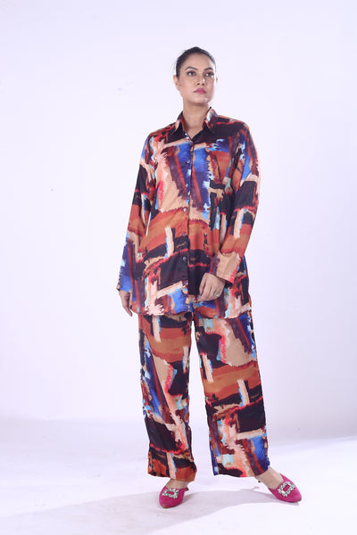 Stylish Women’s Digital Print Co-Ord Set Vibrant 100% Polyester Modal Shirt & Pants