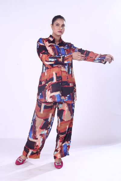 Stylish Women’s Digital Print Co-Ord Set Vibrant 100% Polyester Modal Shirt & Pants