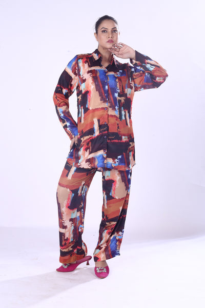 Stylish Women’s Digital Print Co-Ord Set Vibrant 100% Polyester Modal Shirt & Pants