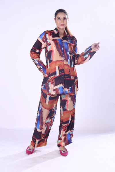 Stylish Women’s Digital Print Co-Ord Set Vibrant 100% Polyester Modal Shirt & Pants