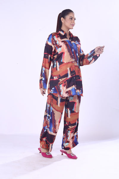 Stylish Women’s Digital Print Co-Ord Set Vibrant 100% Polyester Modal Shirt & Pants