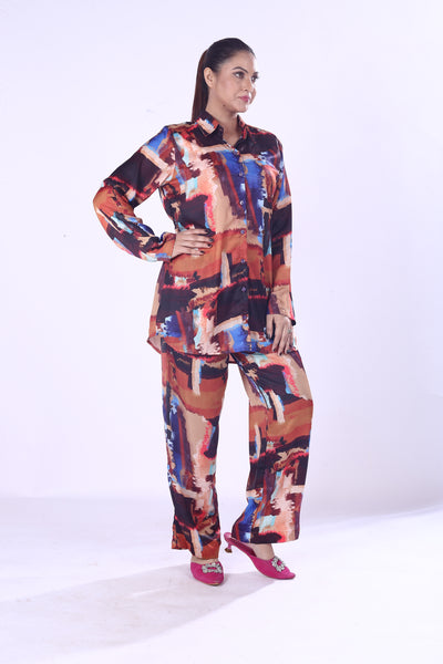Stylish Women’s Digital Print Co-Ord Set Vibrant 100% Polyester Modal Shirt & Pants