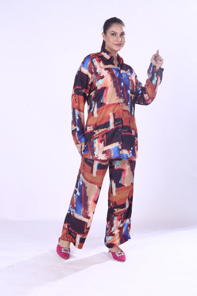 Stylish Women’s Digital Print Co-Ord Set Vibrant 100% Polyester Modal Shirt & Pants