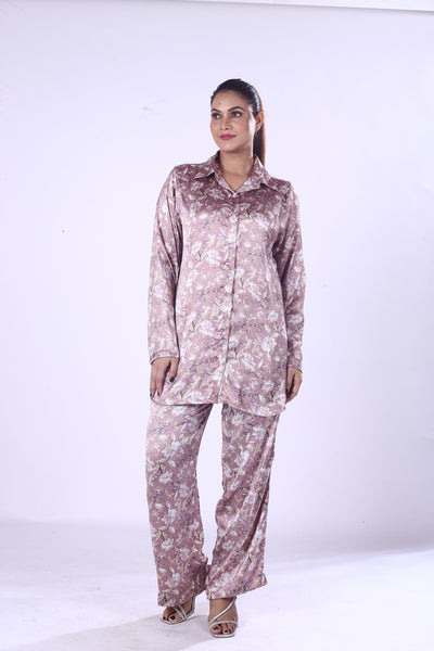 Baby Pink Floral Co-Ord Set Polyester Shirt & Matching Pants for Women