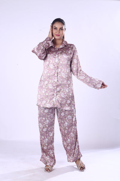 Baby Pink Floral Co-Ord Set Polyester Shirt & Matching Pants for Women
