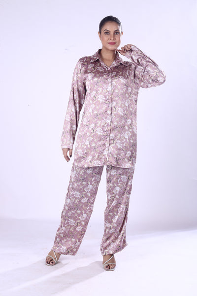 Baby Pink Floral Co-Ord Set Polyester Shirt & Matching Pants for Women