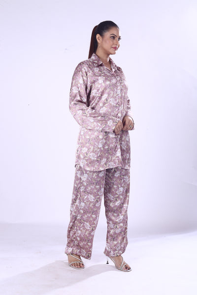 Baby Pink Floral Co-Ord Set Polyester Shirt & Matching Pants for Women
