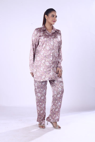 Baby Pink Floral Co-Ord Set Polyester Shirt & Matching Pants for Women