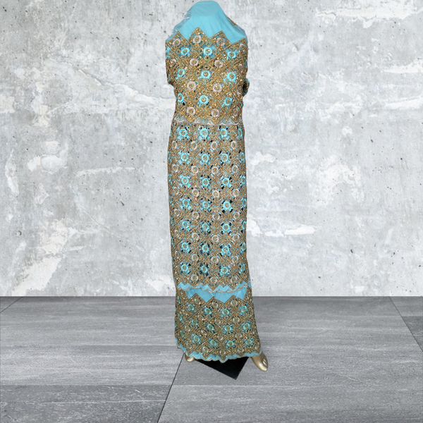 Sky Blue Raw Silk George Fabric With Cut work Design And High Quality Golden Stone Beaded Wrapper