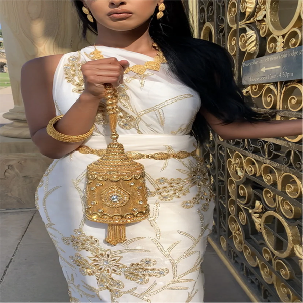 Free Home Delivery Somalian Women Bridal Embroidery Gold Stone Beaded White Bridal Dirac Set With Hand Bag