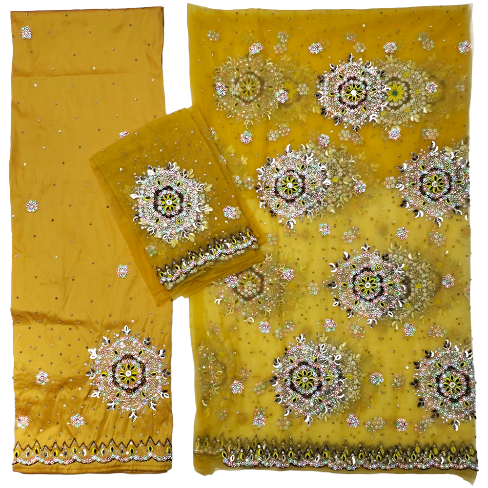 New Fashion Gold Raw Silk Fabric Floral Design Nigerian VIP Women Wedd   Shubham Collections