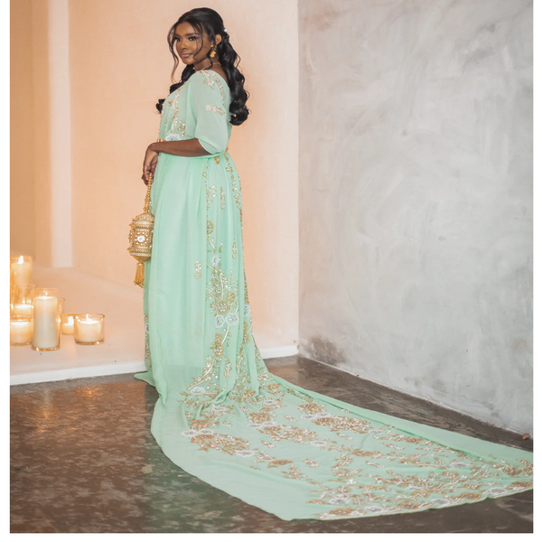 Order Online Tranquil Sea Green Heavy Golden Stone Beaded Bridal Women Wedding Somalian Dirac Set