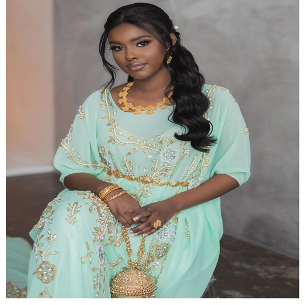 Order Online Tranquil Sea Green Heavy Golden Stone Beaded Bridal Women Wedding Somalian Dirac Set