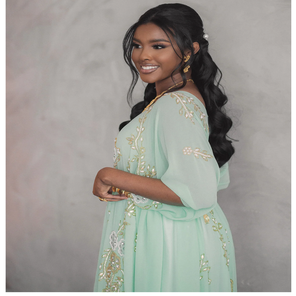 Order Online Tranquil Sea Green Heavy Golden Stone Beaded Bridal Women Wedding Somalian Dirac Set