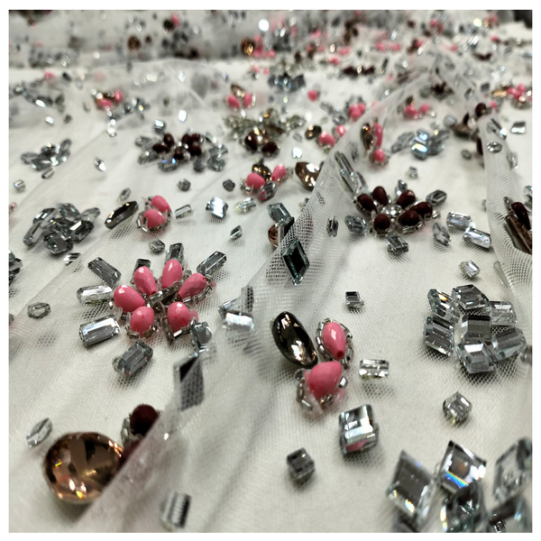 European Net Lace 5 Yards Crystal Multicolor Stone Beaded Off White Wedding Lace Fabric