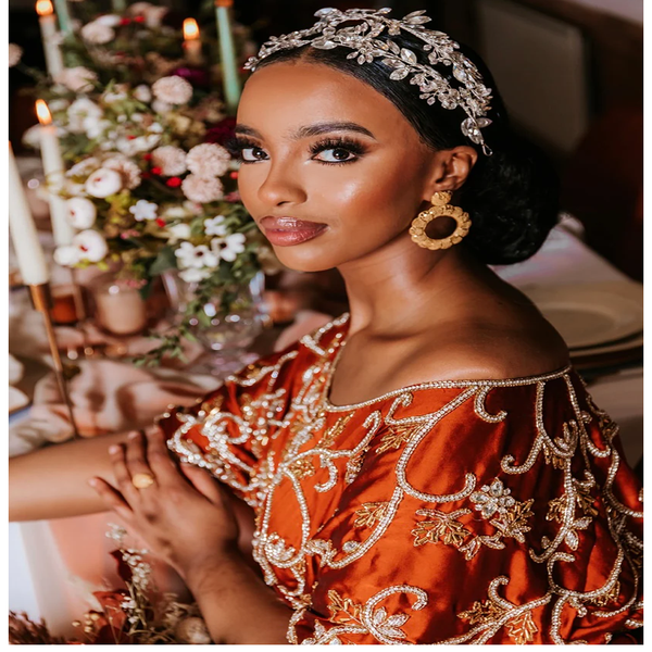 Somalian Bright Brunt Orange Satin Fabric Heavy Stone Beaded Bridal Wedding Dirac Set