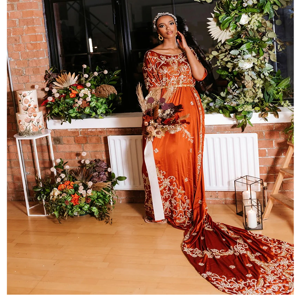 Somalian Bright Brunt Orange Satin Fabric Heavy Stone Beaded Bridal Wedding Dirac Set