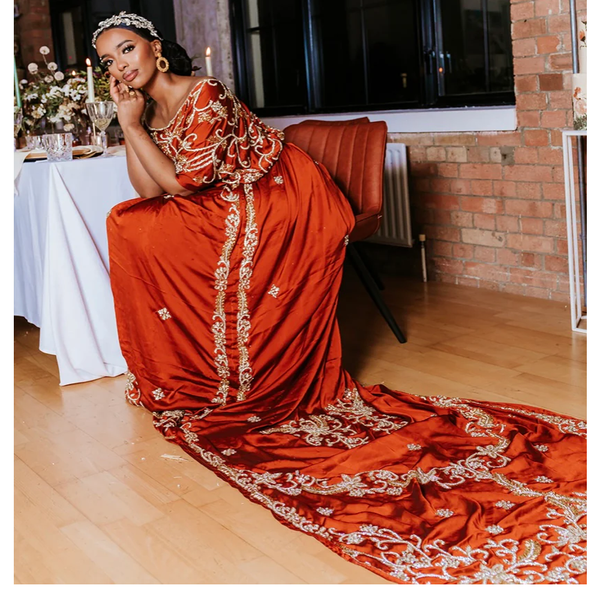 Somalian Bright Brunt Orange Satin Fabric Heavy Stone Beaded Bridal Wedding Dirac Set