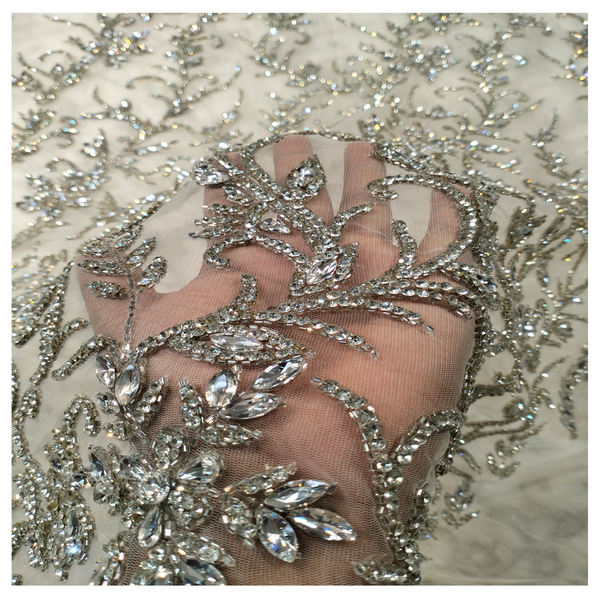 Heavy Crystal Stone Beaded Off White Net Lace Women George Wrapper Mesh 5 Yards Lace