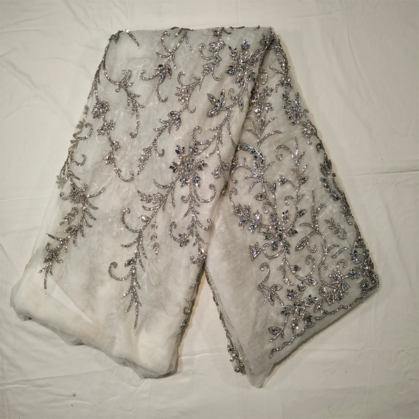 Heavy Crystal Stone Beaded Off White Net Lace Women George Wrapper Mesh 5 Yards Lace