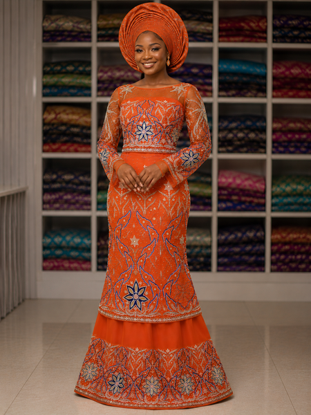 Orange Luxury Handwork George Fabric with Blue & Gold Beaded Embroidery | Premium Nigerian Wedding George Fabric
