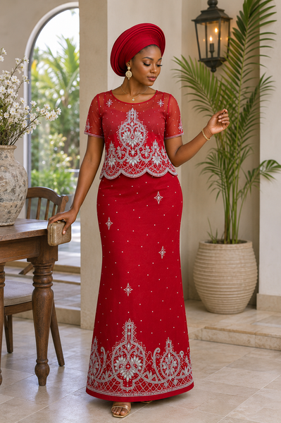 Premium Red Embroidery George Fabric with Luxury White Beaded Border for Traditional Occasion Wear