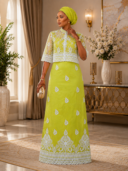 Premium Lime Green Couture George Wrapper with White Embroidery