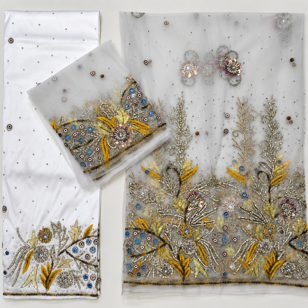 Premium White Somalian Wedding George Fabric with Floral Embroidery, Stones & Elegant Net Design