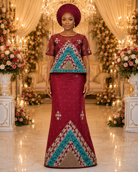 Maroon Luxury African George Fabric with Stone Embroidery & Elegant Geometric Pattern