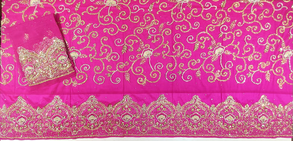 New African George Wrapper Pink Fabric With Golden Stone Beaded Fabric For Nigerian Wedding And Evening Party Dress For African Women