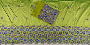 Super Quality African Raw Silk George Wrapper With Floral Design Embroidery And Stone Beaded Wrapper