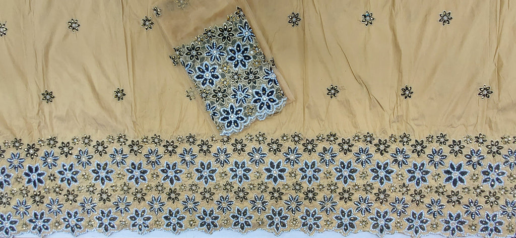 African Raw Silk George Wrapper With Floral Design Embroidery And Stone Beaded George