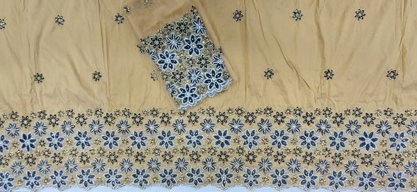 African Raw Silk George Wrapper With Floral Design Embroidery And Stone Beaded George