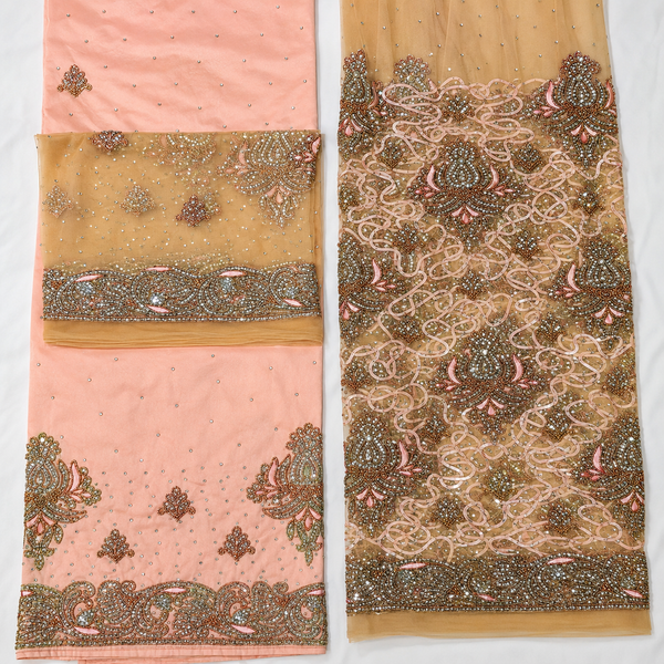 Premium Peach Pink Somalian Wedding George Fabric with Heavy Handwork & Elegant Net Design