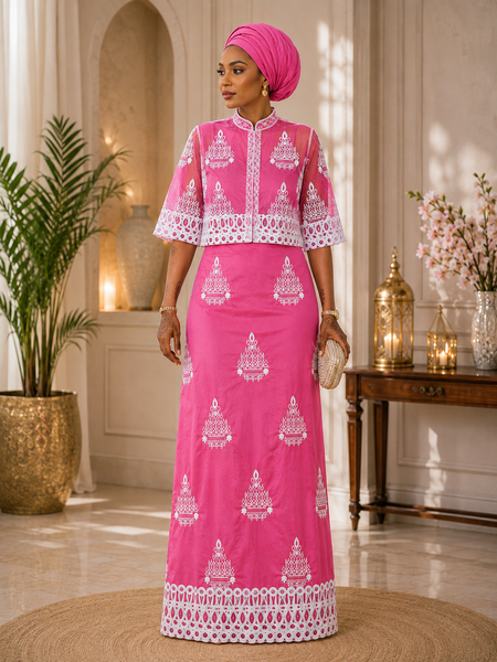 Hot Pink Royal Crown Embroidered George Wrapper with Premium Net Bodice
