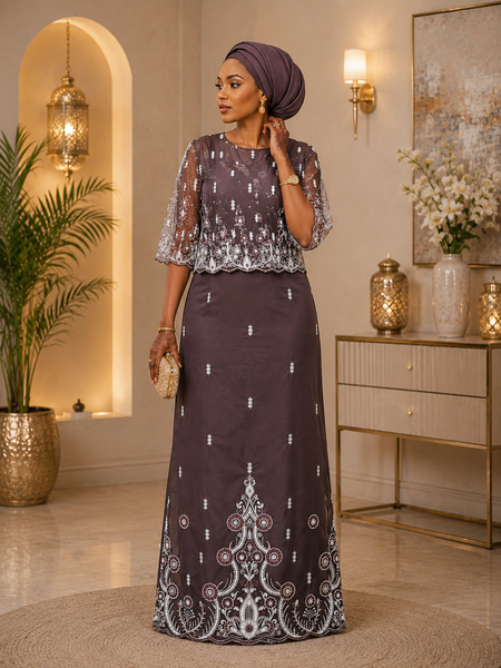 Wine Color Luxury Somali Wrapper George with Embroidered Net Bodice | Premium Traditional Wedding Wear