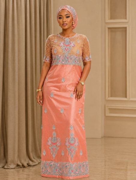 Blush Pink Luxury African George Fabric with Designer Silver Handwork & Plain Wrapper