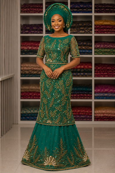 Emerald Green Luxury George Fabric with Intricate Gold Hand Beadwork | Nigerian Wedding & Party Wear Fabric