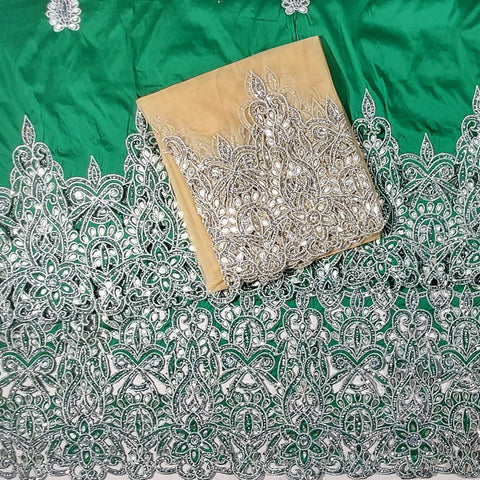 New Trading African George Wrapper With Cute Work And Stone Work With Green Raw Silk Fabric And Golden Net Blouse For Women