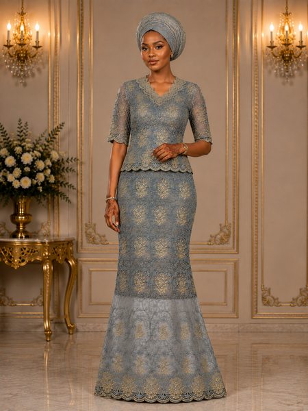 Silver Grey Luxury African Embroidered George Fabric with Gold Vine Pattern for Party Wear