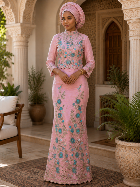 Blush Pink Heritage Embroidered George Wrapper with Aqua Blossom Lace Bodice