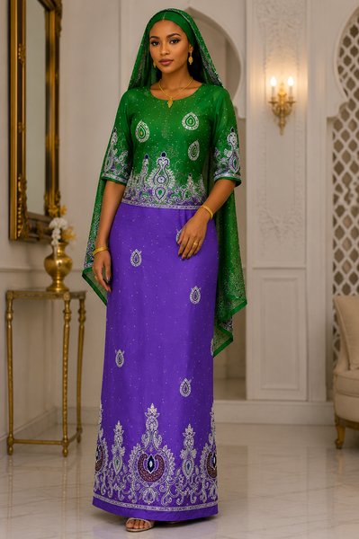 Premium Purple Somalian Wedding George Fabric with Green Embroidered Net Blouse & Elegant Design