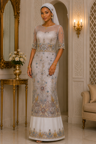 Premium White Somalian Wedding George Fabric with Floral Embroidery, Stones & Elegant Net Design