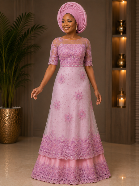 Blush Pink Designer George Fabric with Premium Floral Handcrafted Embroidery | Luxury Bridal George