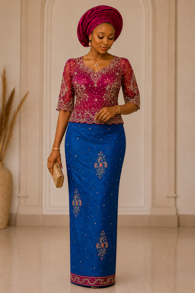 Royal Blue Embroidery George Fabric with Hand Beaded Magenta Blouse for Bridal & Occasion Wear