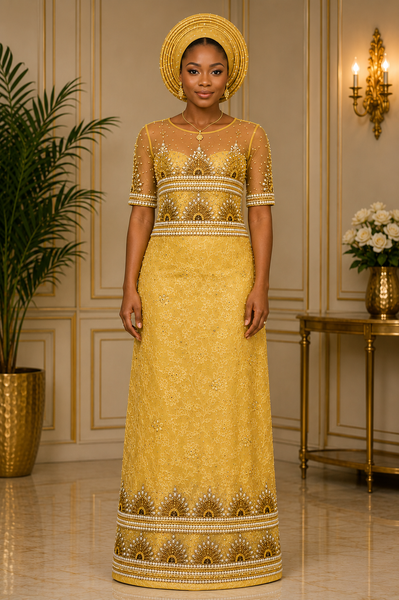 Yellow Designer George Fabric with Heavy Hand Embroidery and Beaded Net Blouse for Party Wear