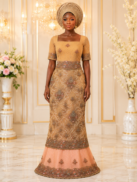 Premium Peach Pink Somalian Wedding George Fabric with Heavy Handwork & Elegant Net Design