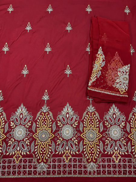 Maroon Premium Embroidery George Fabric with Heavy Gold & Silver Beaded Border and Net Blouse Piece